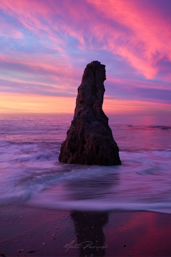 Malibu sunrise photography along the California coast with moody blue hour long exposure at El Matador State Beach
