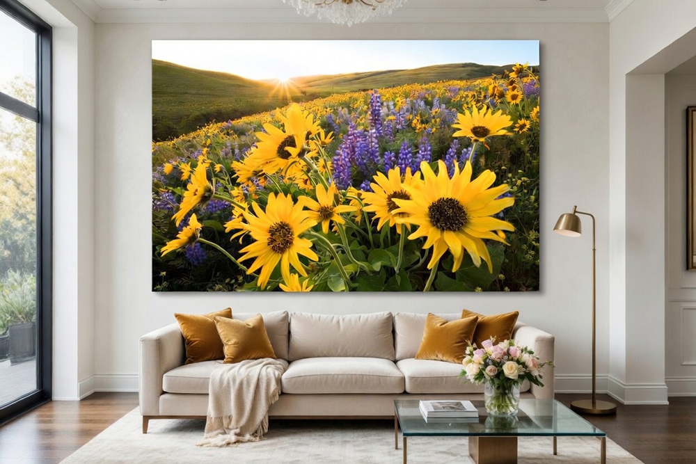 Example of acrylic face-mount landscape photography print displayed in a custom home - luminous nature wall art by Matt Purciel