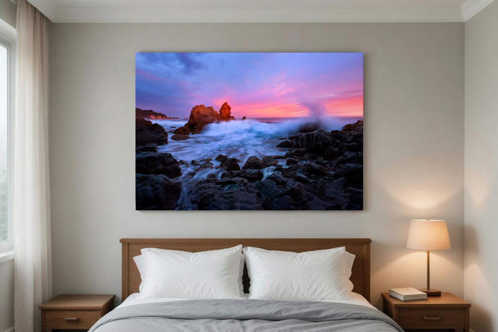 Example of metal landscape photography print displayed on a bedroom wall - elegant nature wall art by Matt Purciel